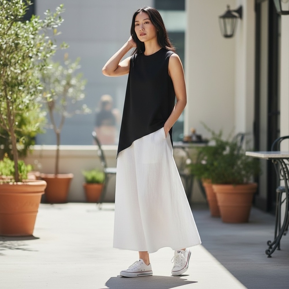 Bryn Walker Black Bamboo Organic Cotton Asymmetrical Hem Tank Top‎ Womens Large